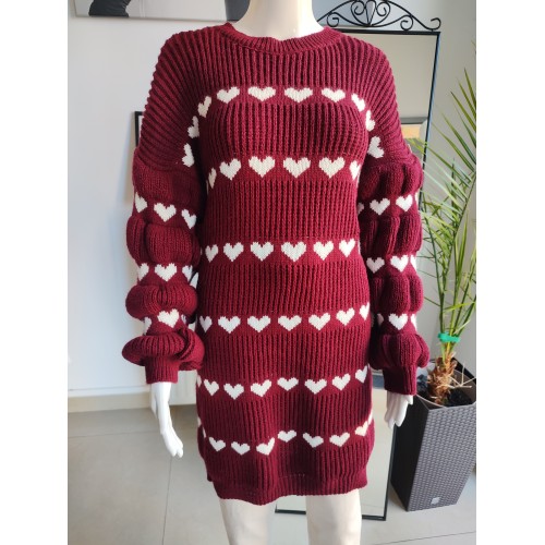 Sukienka, sweter z bufiastymi rękawami - wiśniowy