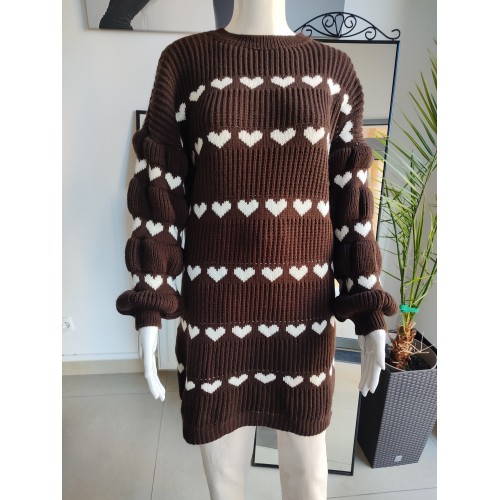 Sukienka, sweter z bufiastymi rękawami - czekoladowy