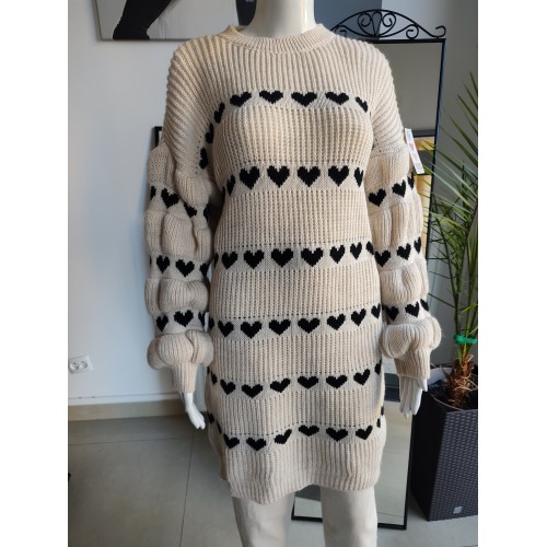 Sukienka, sweter z bufiastymi rękawami - ecru