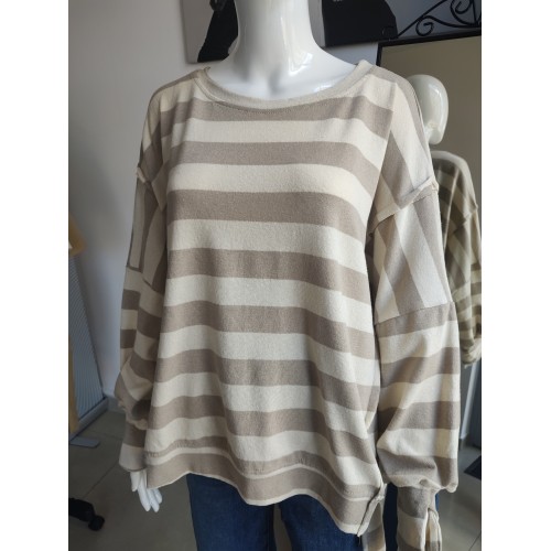 Bluza a'la ponczo w beżowe paski - ecru