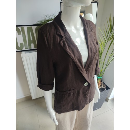 Lniana marynarka z guzikiem - czekoladowy