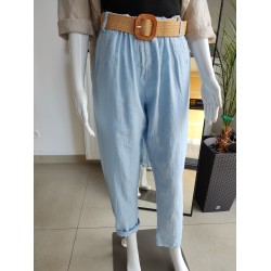 Lniane spodnie z paskiem - błękitny