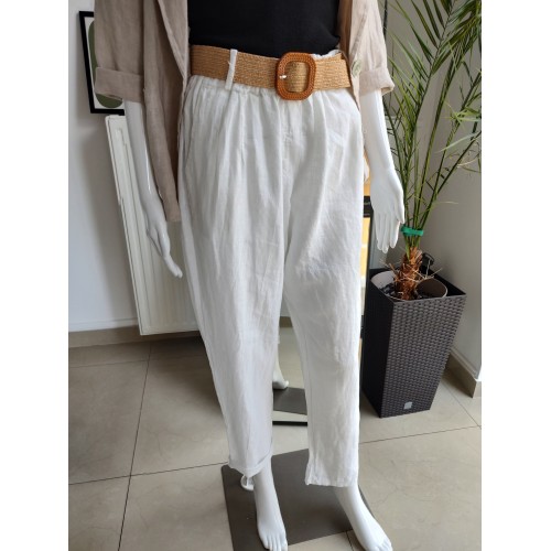 Lniane spodnie z paskiem - biały Lniane spodnie z paskiem - biały