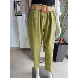 Lniane spodnie z paskiem - oliwkowy