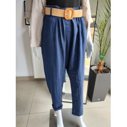 Lniane spodnie z paskiem - granatowy