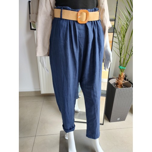 Lniane spodnie z paskiem - granatowy