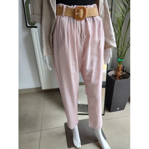 Lniane spodnie z paskiem - pudrowy