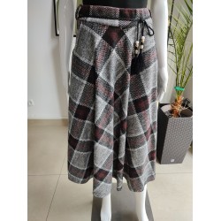 Karierter Viskoserock mit dekorativem Gürtel – Grau