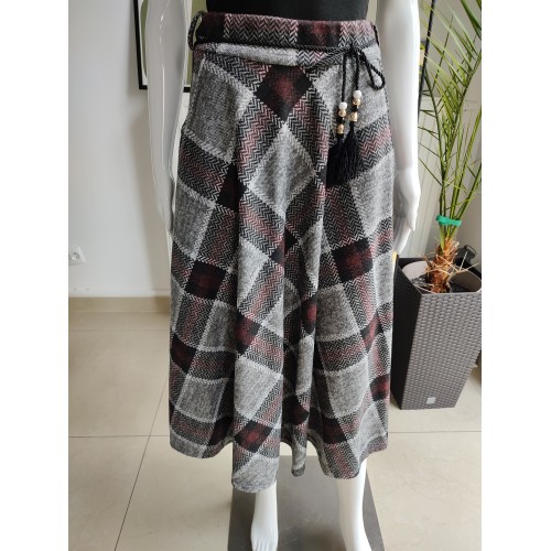 Karierter Viskoserock mit dekorativem Gürtel – Grau