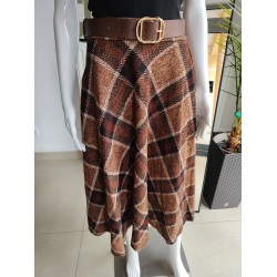 Karierter Viskoserock mit Öko-Gürtel – braun