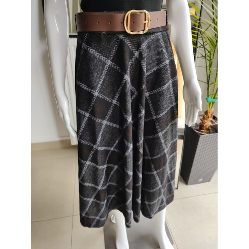 Karierter Viskoserock mit Öko-Gürtel – schwarz