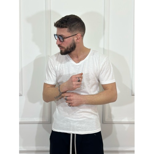 Bawełniana koszulka z dekoltem w serek - biały