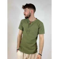 Leinen-T-Shirt mit Knöpfen – oliv