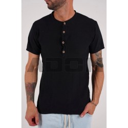 Leinen-T-Shirt mit Knöpfen – schwarz