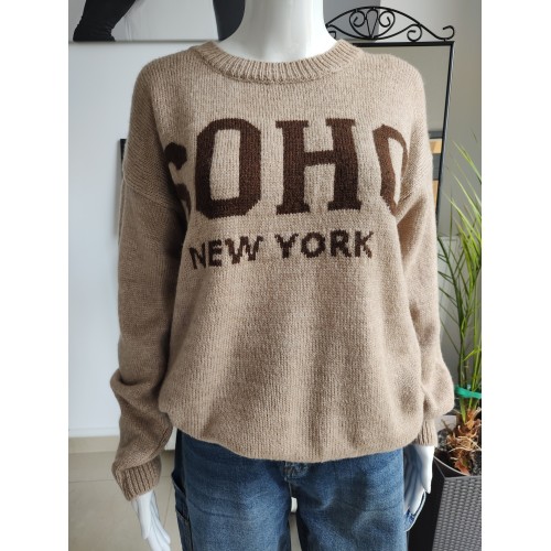 Sweter z napisem Soho - camelowy