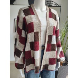 Krótki, lekki kardigan oversize w kratkę - brązowy