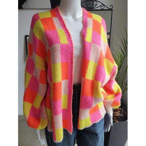 Krótki, lekki kardigan oversize w kratkę - żółty