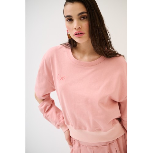 Bawełniana bluza z rozcięciami na rękawach - fiołkoworóżowy