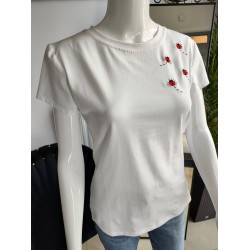 T-Shirt mit aufgestickten Marienkäfern - weiß
