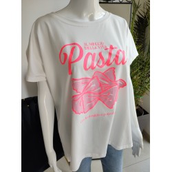 Oversize T-Shirt mit rosa Aufdruck Pasta - weiß