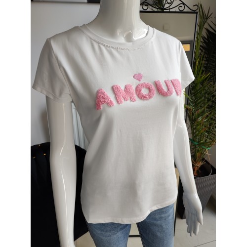 T-Shirt mit rosa AMOUR-Aufschrift – weiß