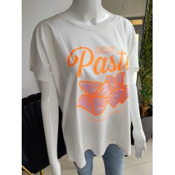 Oversize T-Shirt mit orangem Aufdruck Pasta - weiß