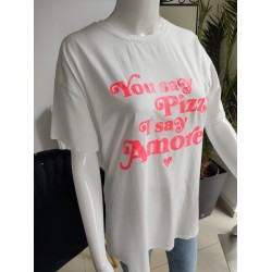 Oversize-T-Shirt mit Neon-Aufschrift „You say…“ – weiß