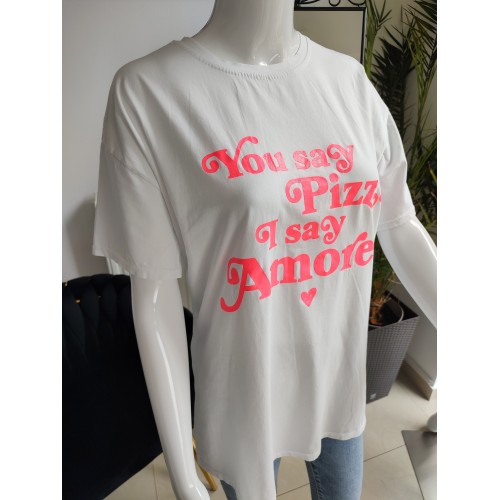 Oversize-T-Shirt mit Neon-Aufschrift „You say…“ – weiß
