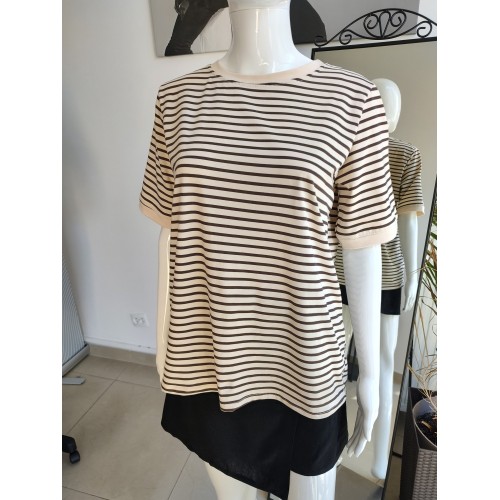 Koszulka w czekoladowe paski - beżowy