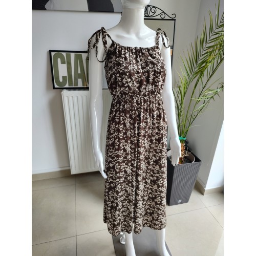 Wiskozowa sukienka midi w kwiatki - brązowy