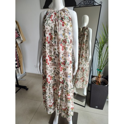 Długa sukienka w kwiaty z rzemykowymi ramiączkami - beżowy