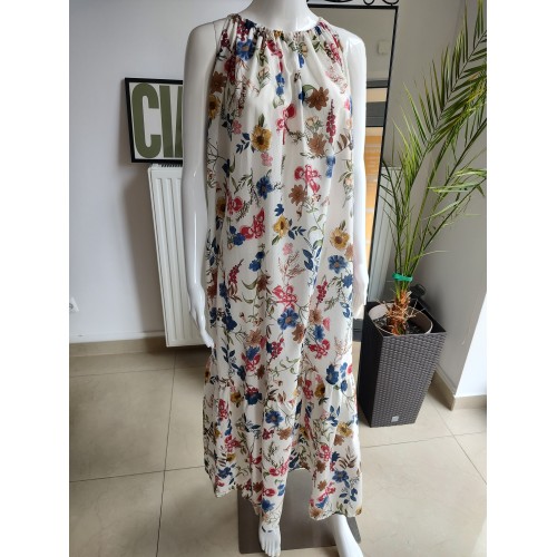 Długa sukienka w kwiaty z rzemykowymi ramiączkami - biały