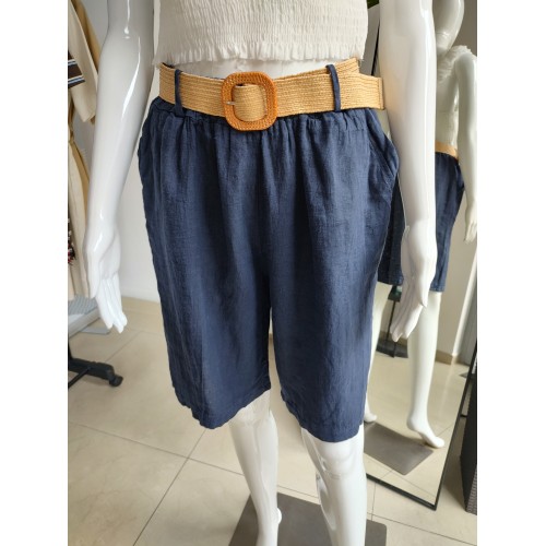 Lniane spodenki z paskiem - granatowy