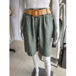 Lniane spodenki z paskiem - khaki