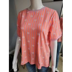 Gestreiftes T-Shirt mit Blumen - rosa