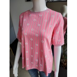 Gestreiftes T-Shirt mit Blumen - rosa