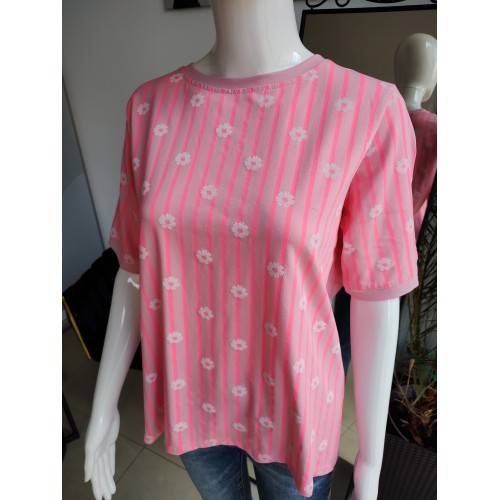 Gestreiftes T-Shirt mit Blumen - rosa