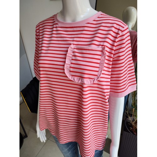 Gestreiftes T-Shirt mit Tasche - rosa