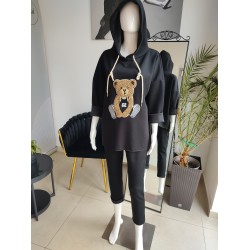 Butterweicher Trainingsanzug mit Teddybär – schwarz