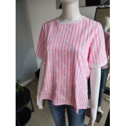 Gestreiftes T-Shirt mit Blumen - weiß