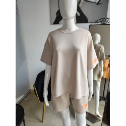 Butterweicher Sommer-Trainingsanzug-Set mit Neon-Patch – beige