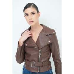 Kunstlederjacke mit Gürtel - dunkelbraun