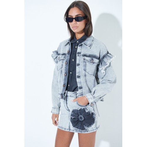 Jeansjacke mit Rüschen - grau