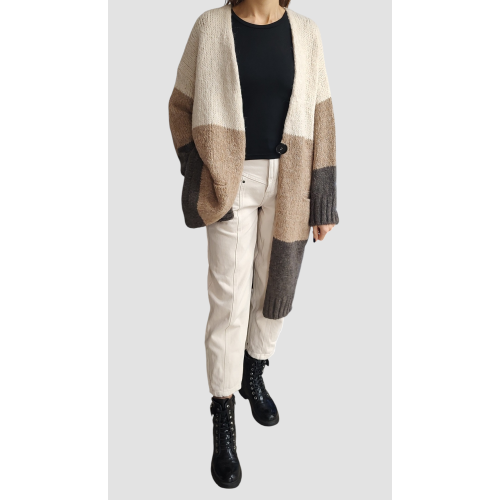 Lange gestreifte Strickjacke - Brauntöne