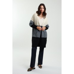 Lange gestreifte Strickjacke - Grautöne