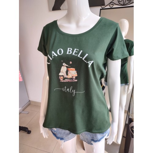 Baumwoll-T-Shirt „Ciao Bella“ - flaschengrün