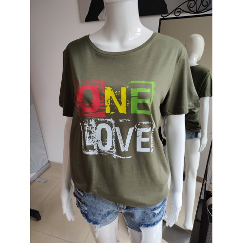 Viskose T-Shirt "One Love" - ​​oliv