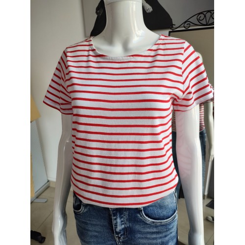 Rot gestreiftes Baumwoll-T-Shirt - weiß