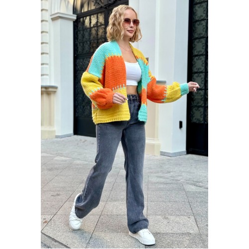 Kurzer Oversized-Cardigan - Seladongrün/Zitrone