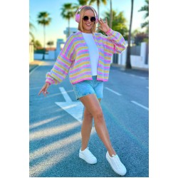 Kurze, leichte Oversize-Strickjacke mit Streifen – Babyrosa/Türkis